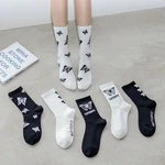 Black White Cotton Women Socks Fashion Butterfly Print Socks Breathable Japanese Harajuku Socks Hip-hop Mid Calf Socks