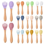 BPA Free Baby Silicone Spoon Fork Set with Wooden Handle Baby Feeding Spoon Fork Toddlers Infant Feeding Accessories Utensils