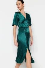 Trendyol Green Plain Fit Midi Woven Satin V-Neck Slit Woven Dress