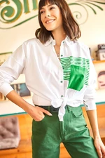 Olalook Women's White Green Pocket Detailed Oversize Woven Shirt