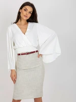 Ecru short formal blouse with pleated sleeves