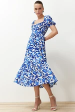 Trendyol Blue Floral Skater Gown Neck Detailed Shally Midi Woven Dress