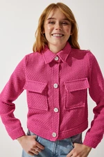 Happiness İstanbul Women's Pink Stylish Buttoned Woven Tweed Jacket