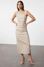 Trendyol Limited Edition Beige Fitted Midi Woven Dress with Asymmetric Collar Detail