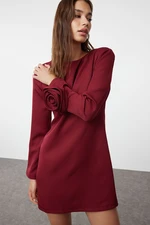 Trendyol Burgundy Straight Cut Rose Detailed Mini Woven Dress