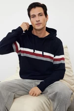 Trendyol Navy Blue Slim Hooded Striped Knitwear Sweatshirt