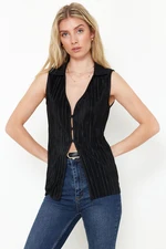 Trendyol Black Pleated Sleeveless Buttoned Collar Enek Knitted Blouse