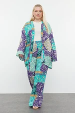 Trendyol Curve Blue Large Size Shawl Pattern Kimono and Wide Leg Viscose Bottom and Top Set