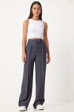 Happiness İstanbul Women's Anthracite Hook and Loop Closure Loose Linen Trousers