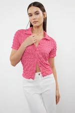 Trendyol Fuchsia Textured Fitted Short Sleeve Stretchy Knitted Blouse