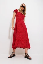 Trend Alaçatı Stili Women's Red Square Neck Floral Pattern Woven Dress