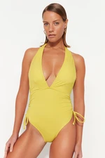 Trendyol Oil Green Deep-Decollete Pleated High Leg Swimsuit