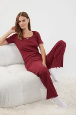 Trendyol Claret Red Cotton Baby Overlock and Ribbon/Bow Detailed Ribbed Knitted Pajama Set