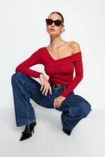 Trendyol Burgundy Cotton Stretchy Flounce Fitted Crop Knitted Blouse