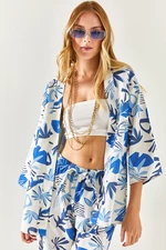 Olalook Women's Leaf Saxe-Blue Patterned Linen Kimono