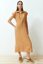 Trendyol Camel A-line Shirt Collar Aerobin Maxi Woven Dress