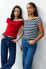 Trendyol Pack of 2 Navy Blue Striped-Red Plain Carmen Collar Crop Stretchy Knitted Blouse