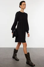 Trendyol Black Flounce Skater/Waist Closure/Textured Mini Knitted Dress