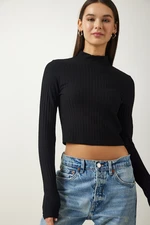 Happiness İstanbul Women's Black Turtleneck Ribbed Crop Knitted Blouse