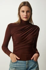 Happiness İstanbul Women's Brown Gathered Detailed High Neck Sandy Blouse