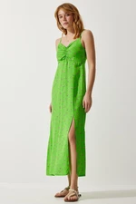 Happiness İstanbul Women's Peanut Green Strappy Patterned Viscose Dress