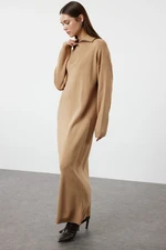 Trendyol Camel Comfortable Fit Basic Knitwear Dress with Zipper Collar