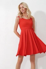 Trend Alaçatı Stili Women's Coral Thick Strappy Skirt Flounce Tied Belted Dress