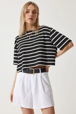 Happiness İstanbul Women's Black and White Striped Oversize Crop Knitted T-Shirt