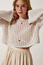 Happiness İstanbul Women's Cream Beaded Openwork Seasonal Crop Knitwear Sweater