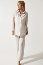 Happiness İstanbul Women's Bone Linen Oversize Shirt Loose Pants Set