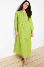 Trendyol Oil Green Gathered Detailed Cotton Wide Fit Woven Dress