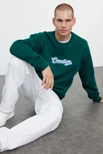 Trendyol Emerald Green Oversize/Wide Cut Text Embroidered Inside Polar Fleece Sweatshirt