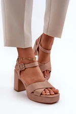 Women's sandals made of eco-suede on a high heel and platform, dark beige Sakane