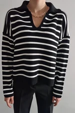 51782 Dewberry Polo Neck Striped Long Sleeve Sweater-BLACK