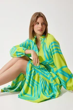 Happiness İstanbul Women's Oil Green Belted Oversize Summer Viscose Dress