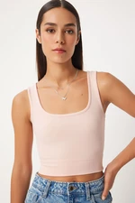 Happiness İstanbul Women's Light Powder Square Collar Halter Corduroy Crop Top