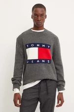 Sveter s prímesou vlny Tommy Jeans pánsky, šedá farba, tenký, DM0DM19442