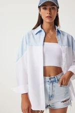 Happiness İstanbul Women's Sky Blue White Block Color Boyfriend Shirt