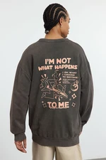 Trendyol Brown Oversize/Wide Cut Wash/Aged Effect Front and Back Printed Sweatshirt