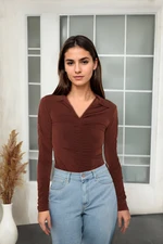 Trendyol Brown Slim Nabíraný Polo Neck Flexibilní Pletená Halenka