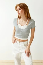 Trendyol Gray Double Layer Detailed Fitted/Body Hugging Ribbed Stretchy Knitted Blouse