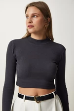 Happiness İstanbul Women's Anthracite Ribbed Turtleneck Crop Knitted Blouse