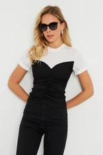 Cool & Sexy Women's Gathered T-Shirt Blouse Black-White KS117