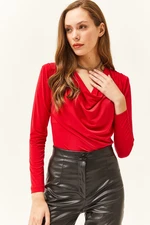 Olalook Women's Red Waistband Pleated Roll Up Collar Blouse