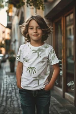 Trendyol White Boy Palm Patterned Short Sleeve Cotton Knitted T-Shirt