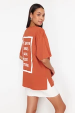 Trendyol Cinnamon Slogan Printed Oversize/Wide Pattern Knitted T-Shirt