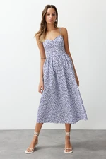 Trendyol Blue Floral Print A-line Sweetheart Neck Midi Poplin Woven Dress