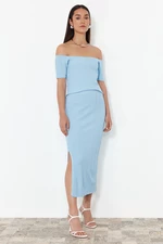 Trendyol Blue Short Sleeve Blouse/Skirt Knitwear Bottom-Top Set