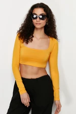 Trendyol Orange Square Neck Long Sleeve Crop Fitted Flexible