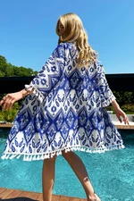Trend Alaçatı Stili Women's Blue Ethnic Patterned Tasseled Kimono Jacket